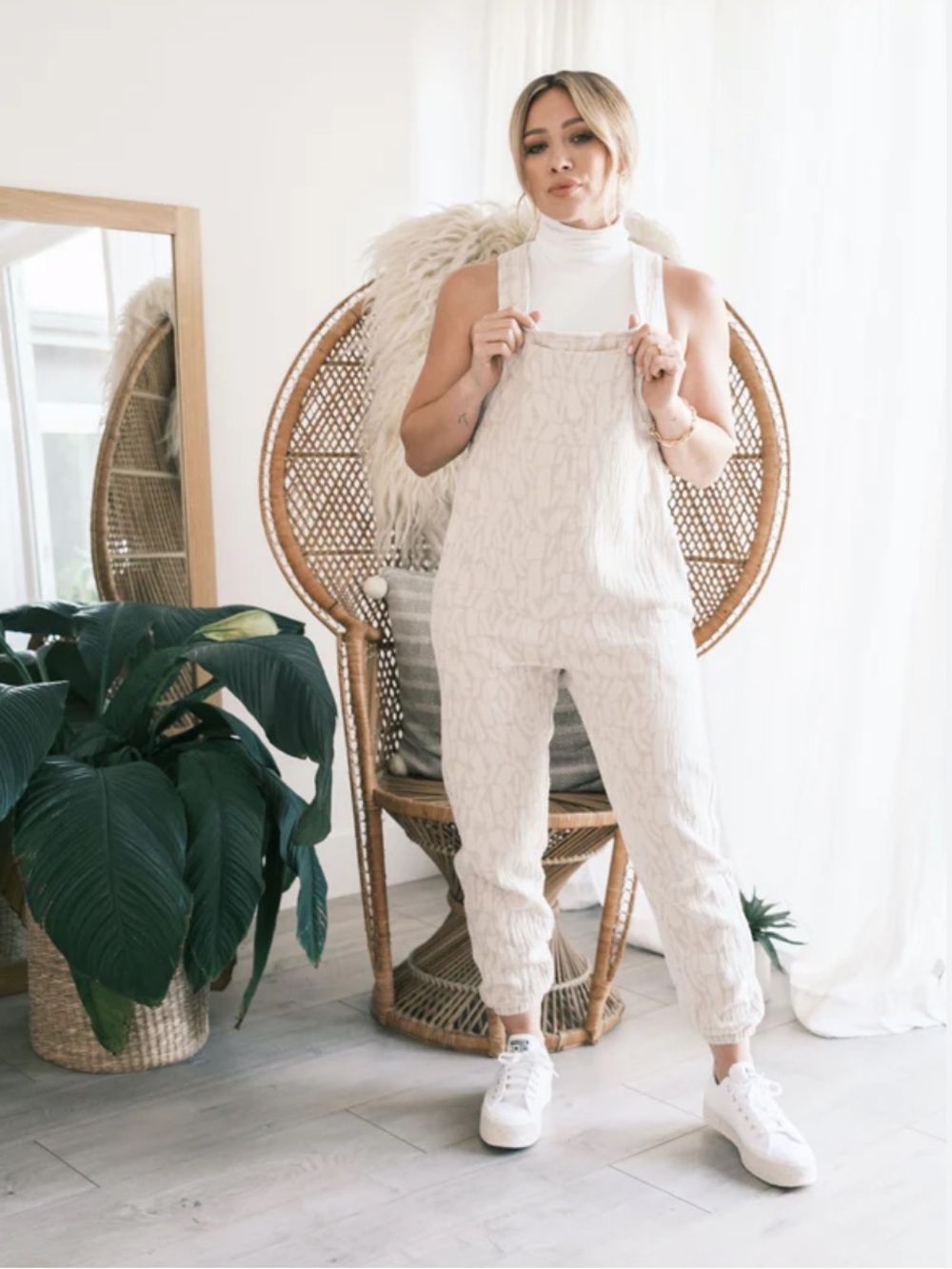 Smash + Tess x Hillary Duff Light Cream Textured Jumpsuit Overalls